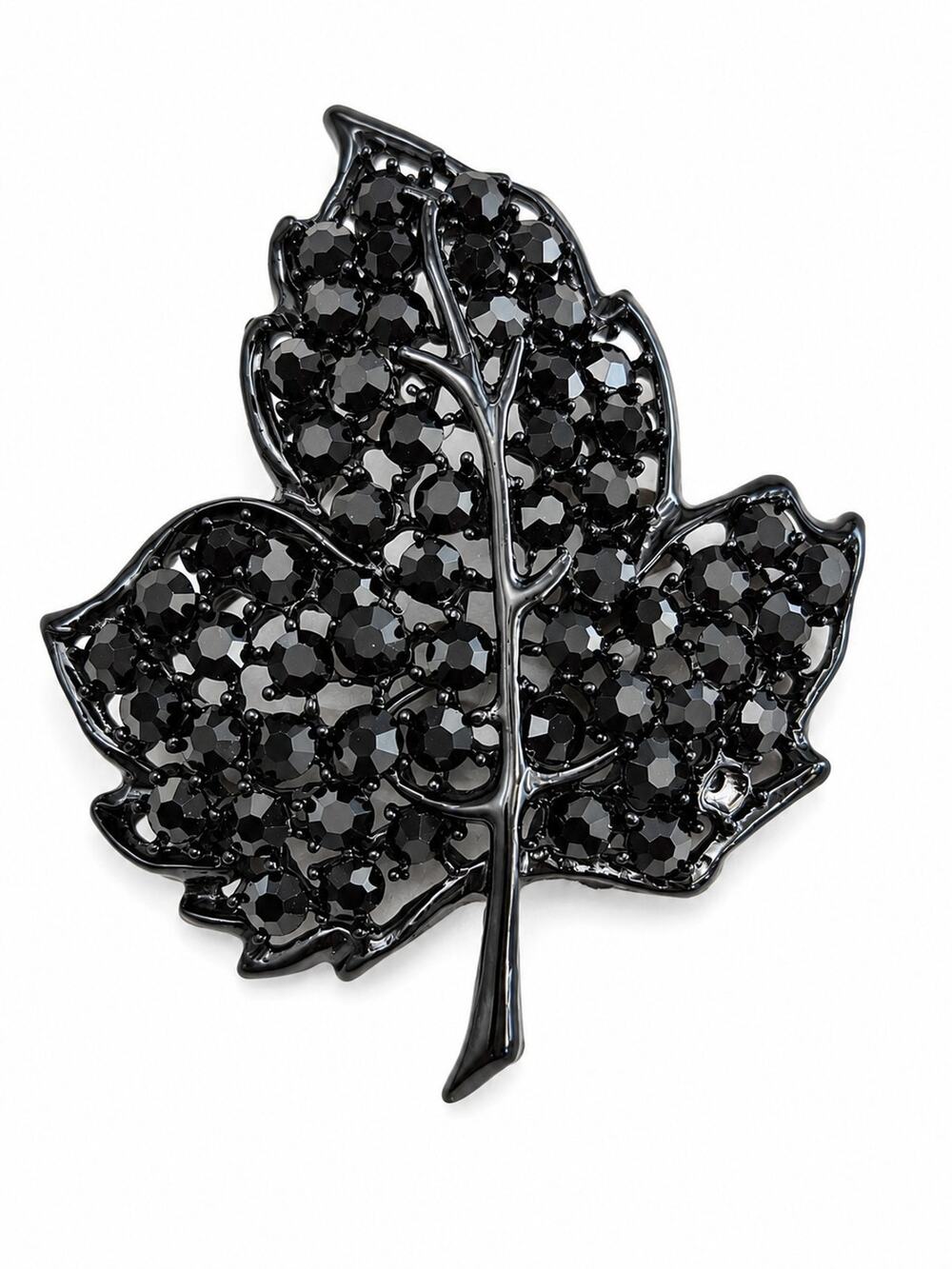 Weiss Black On Black Crystal Maple Leaf Brooch Pin Vintage 1960s 2.75"
